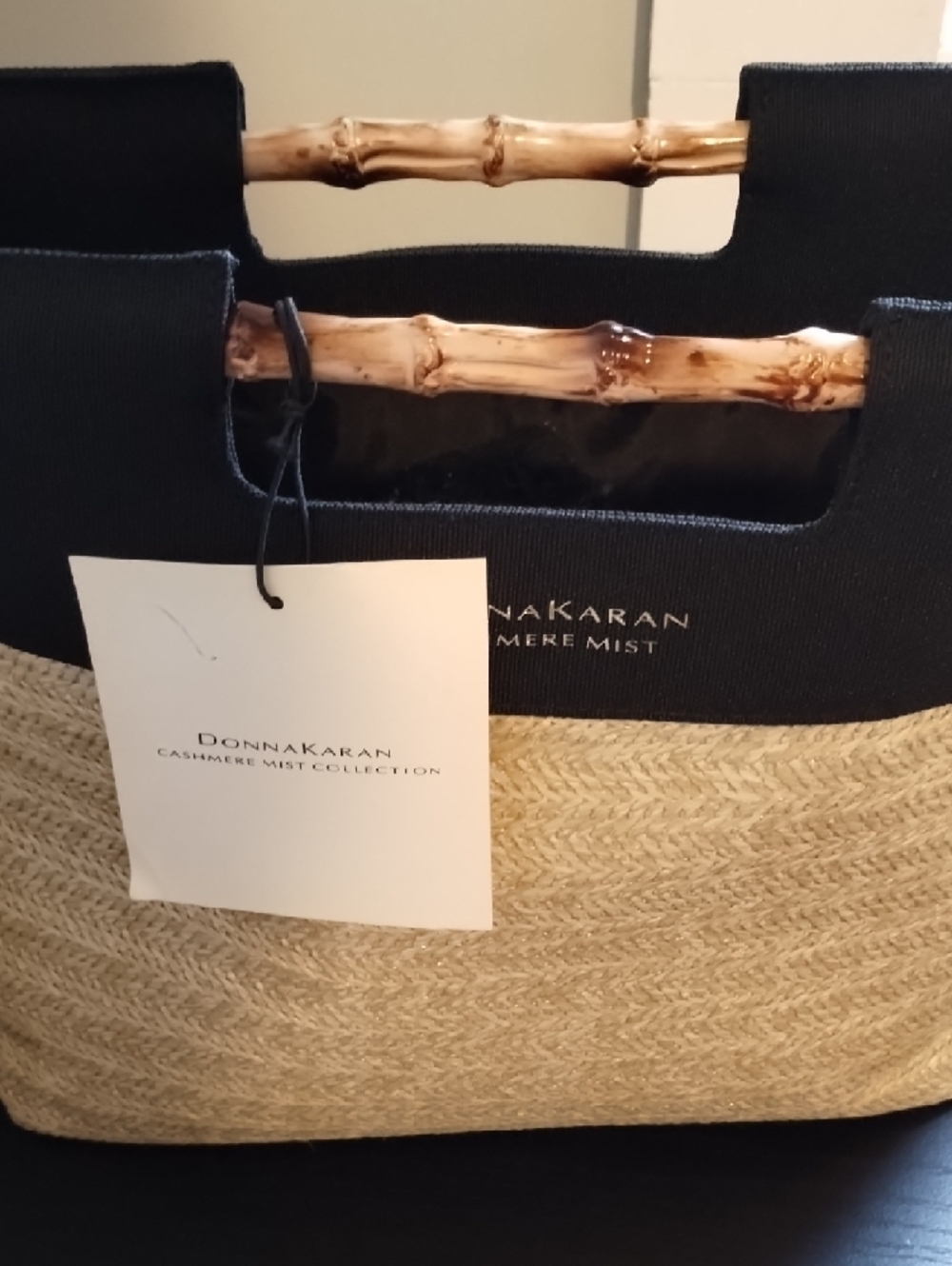 Donna Karan Black & Natural Straw Tote with Bamboo Handles - Picture 10 of 11